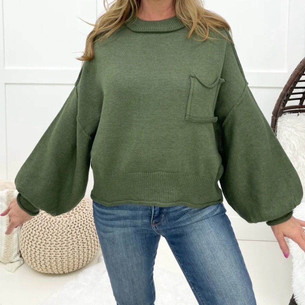 POL Eternal Bliss Women’s Oversized Green Sweater large Puff Sleeve Cropped - Picture 2 of 10